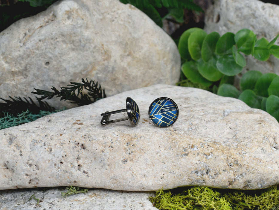 Black Steel Cufflinks with Abstract Glass #211