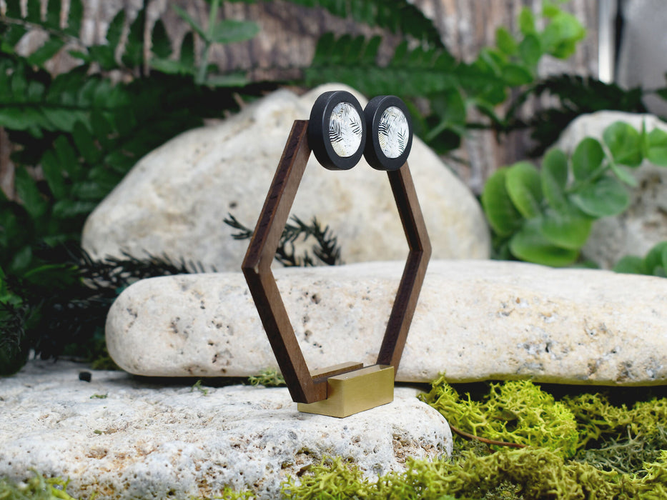 Wood Stud Earrings With Glass Tropical Cabochon #189
