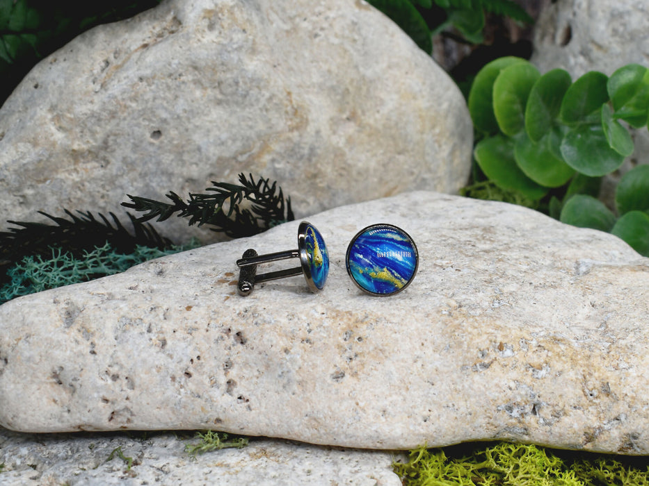 Black Steel Cufflinks with Abstract Glass #227
