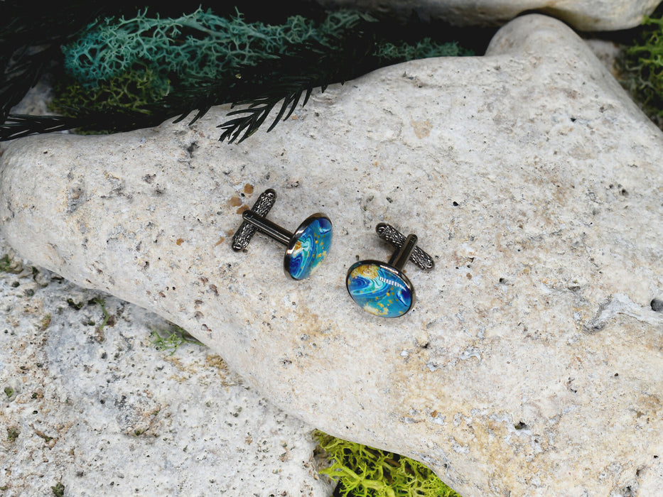 Black Steel Cufflinks with Abstract Glass #226
