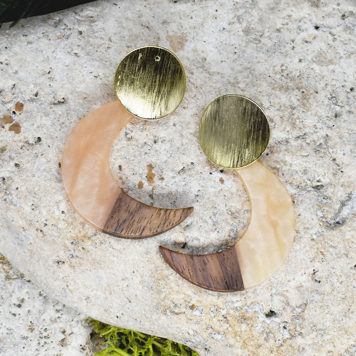 Wood Dangle Earrings with Moon Resin #469