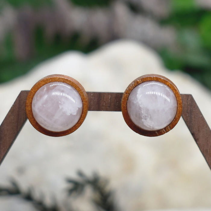 Wood Stud Earrings With Rose Quartz #135