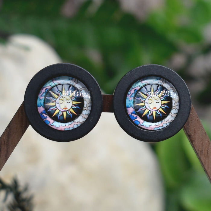 Wood Stud Earrings With Glass Cabochon #168