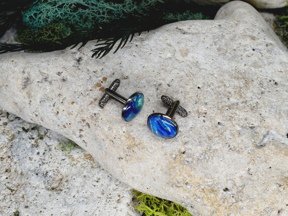 Black Steel Cufflinks with Abstract Glass #234