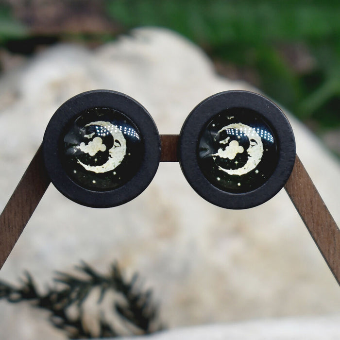 Wood Stud Earrings With Glass Cabochon #215