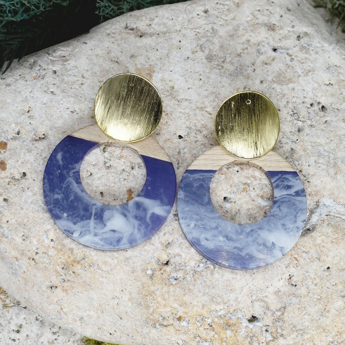 Wood Dangle Earrings with Blue-White Resin #461