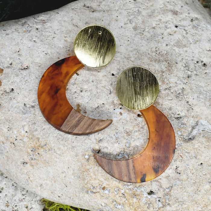 Wood Dangle Earrings with Moon Resin #470