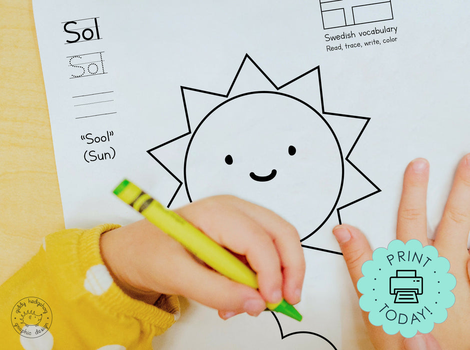 DIY Printable Swedish Summer Coloring Pages to Learn the Language of Sweden, Instant Download