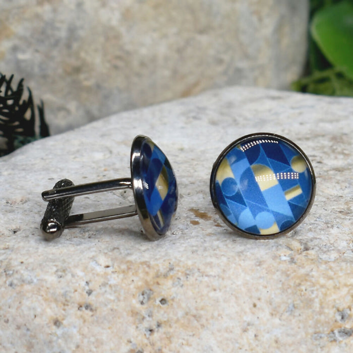Black Steel Cufflinks with Abstract Glass #208