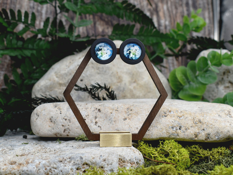 Wood Stud Earrings With Glass Earth Cabochon #205