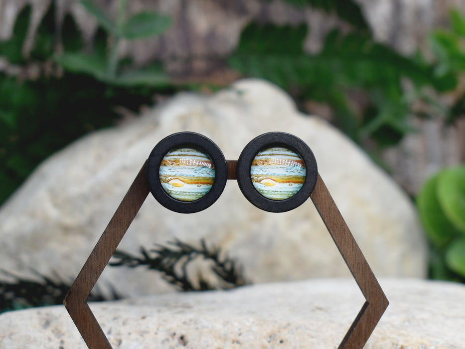 Wood Stud Earrings With Glass Saturn Cabochon #185