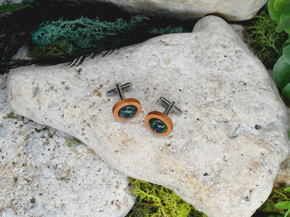 Wood Cufflinks with Ruby Zoisite Stone #188