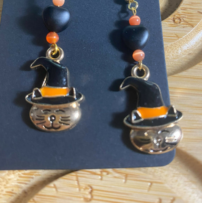Cat in a Witch Hat Halloween Earrings