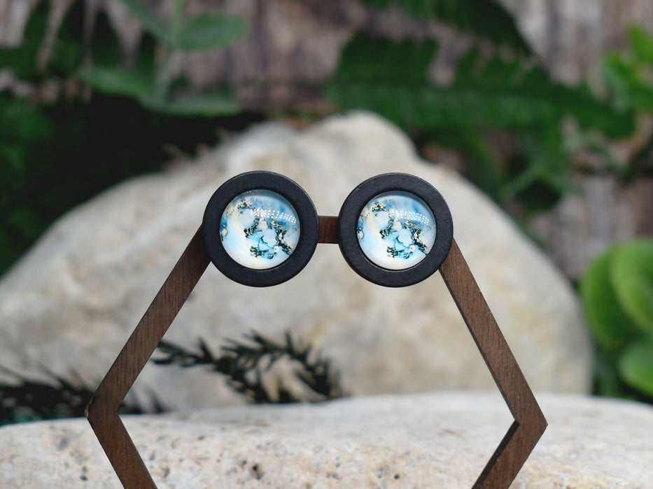 Wood Stud Earrings With Glass Cabochon #202