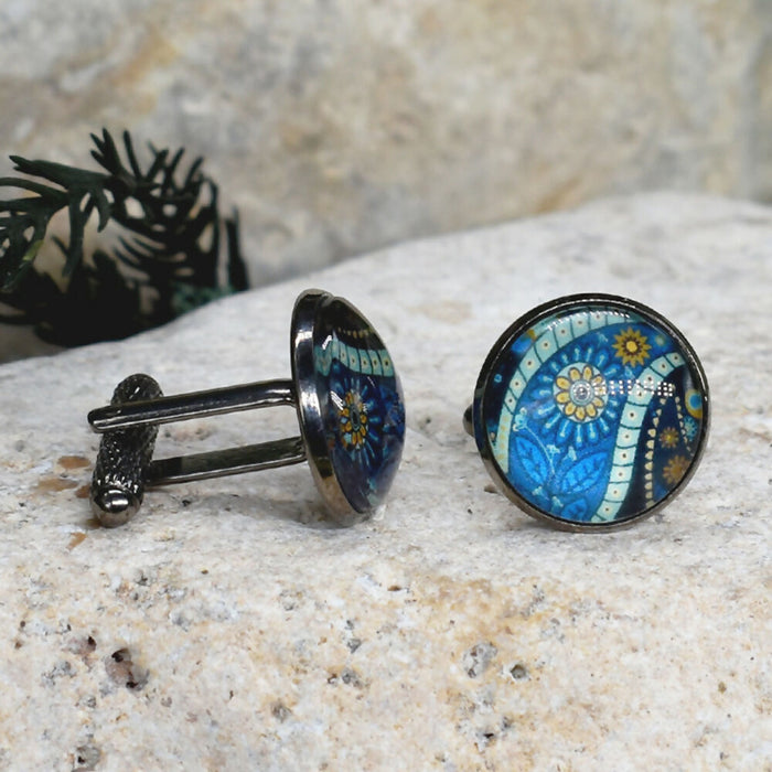 Black Steel Cufflinks with Abstract Glass #222