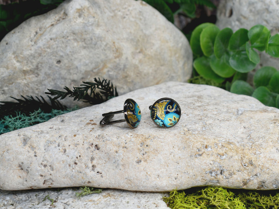 Black Steel Cufflinks with Abstract Glass #218