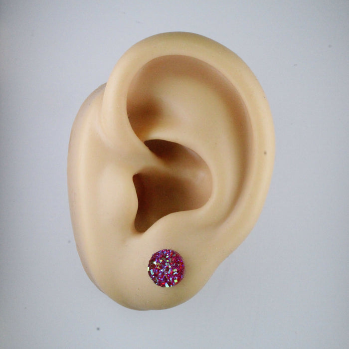 Magnetic_Clip_On_Invisible_Clipon_Stud_Pierced_Nonpierced_Earring_Earrings_Ear_FlatBack_Flat_Back_Hot_Pink_Magenta_Irridescent_Druzy_Resin_8mm