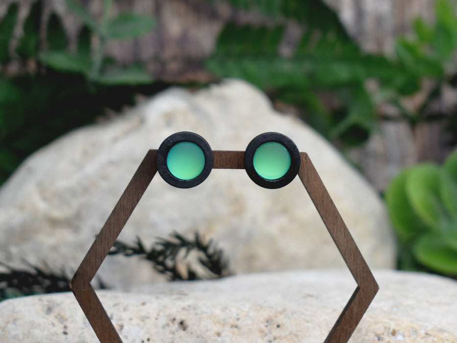 Wood Stud Earrings With Resin Chameleon Cabochon #240