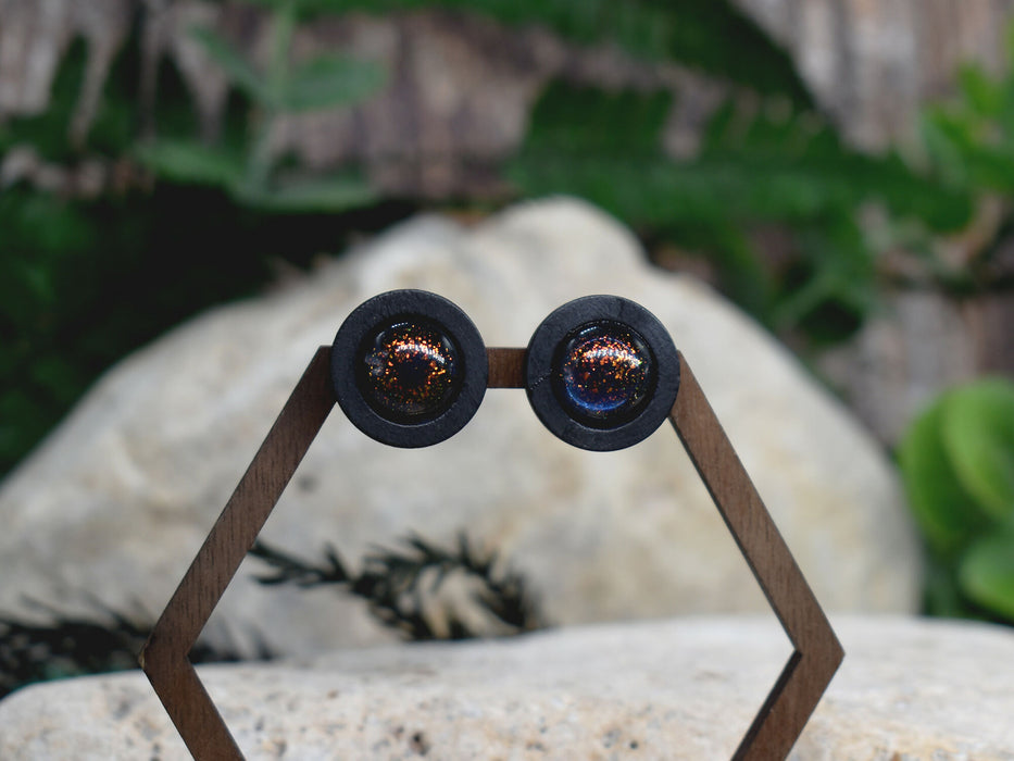 Wood Stud Earrings With Resin Chameleon Cabochon #235
