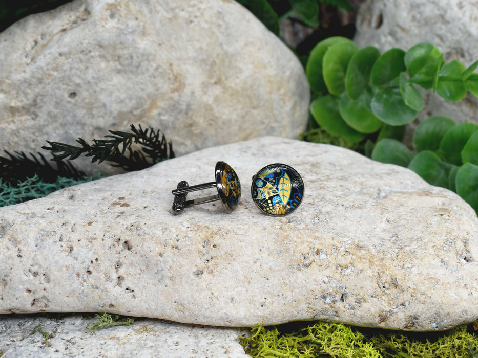 Black Steel Cufflinks with Abstract Glass #213