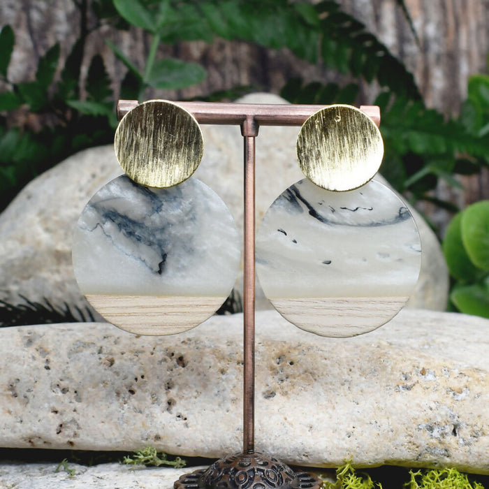 Wood Dangle Earrings with White-Black Resin #462