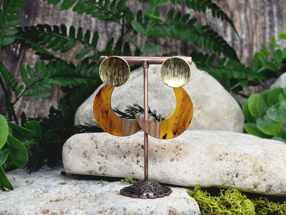 Wood Dangle Earrings with Moon Resin #470