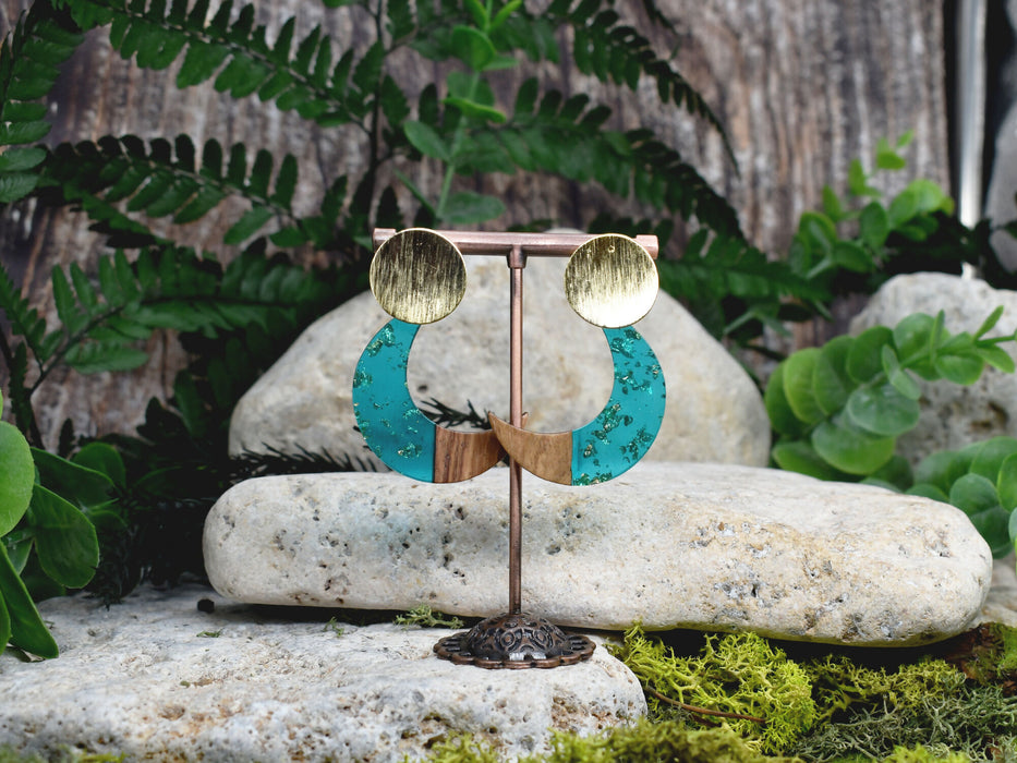 Wood Dangle Earrings with Moon Resin #464