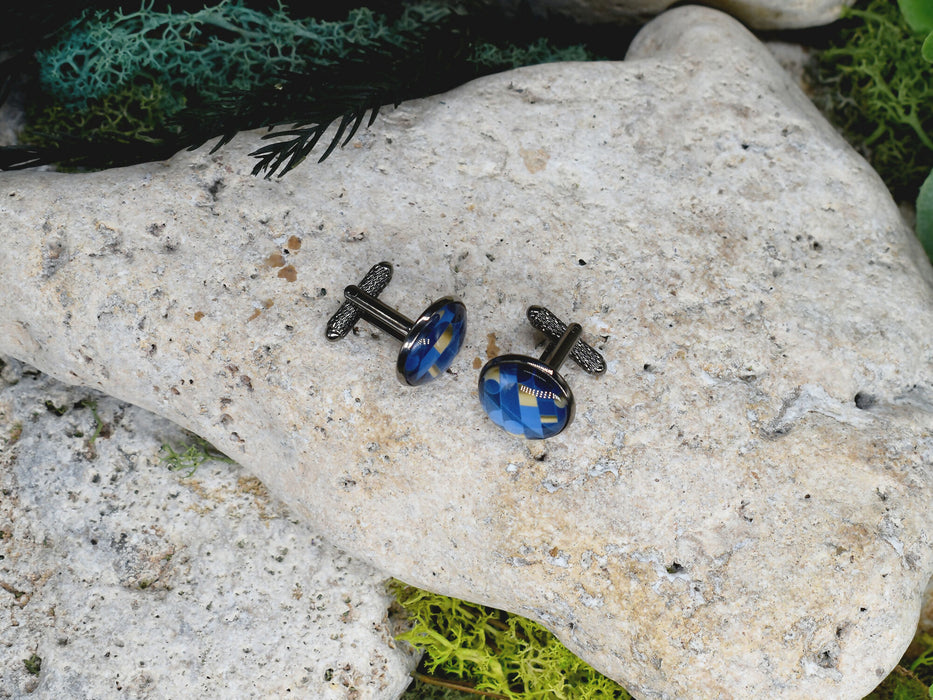 Black Steel Cufflinks with Abstract Glass #208