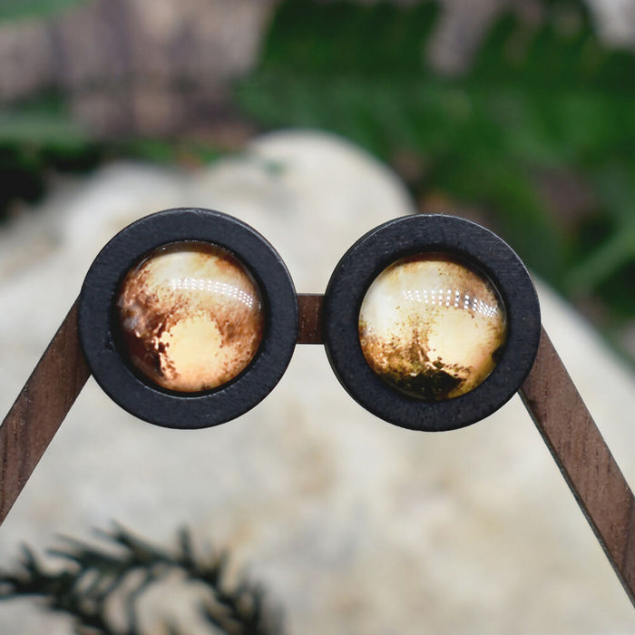 Wood Stud Earrings With Glass Pluto Cabochon #170