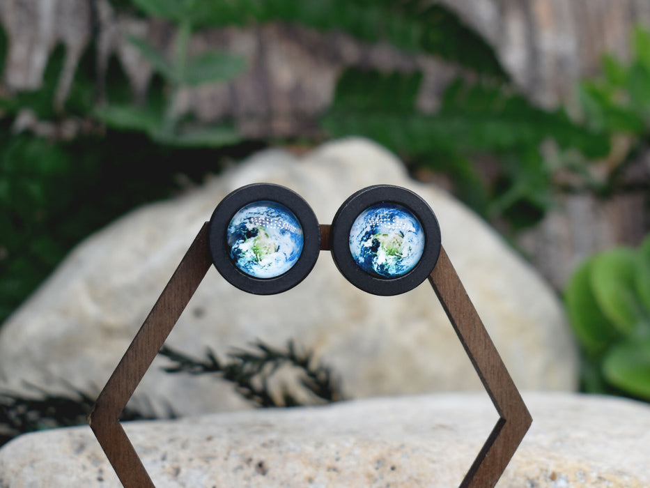 Wood Stud Earrings With Glass Earth Cabochon #205