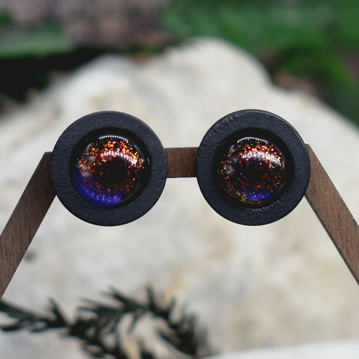 Wood Stud Earrings With Resin Chameleon Cabochon #239