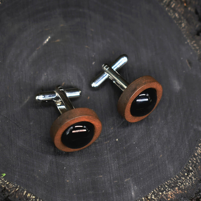 Wood Cufflinks with Black Agate Stone #51