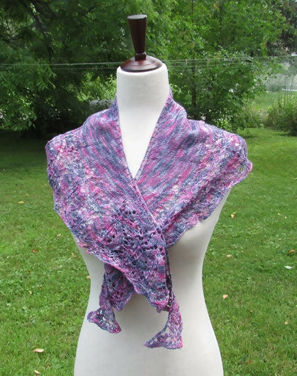 purple variegated variant of the tulip shawl on a white dress form