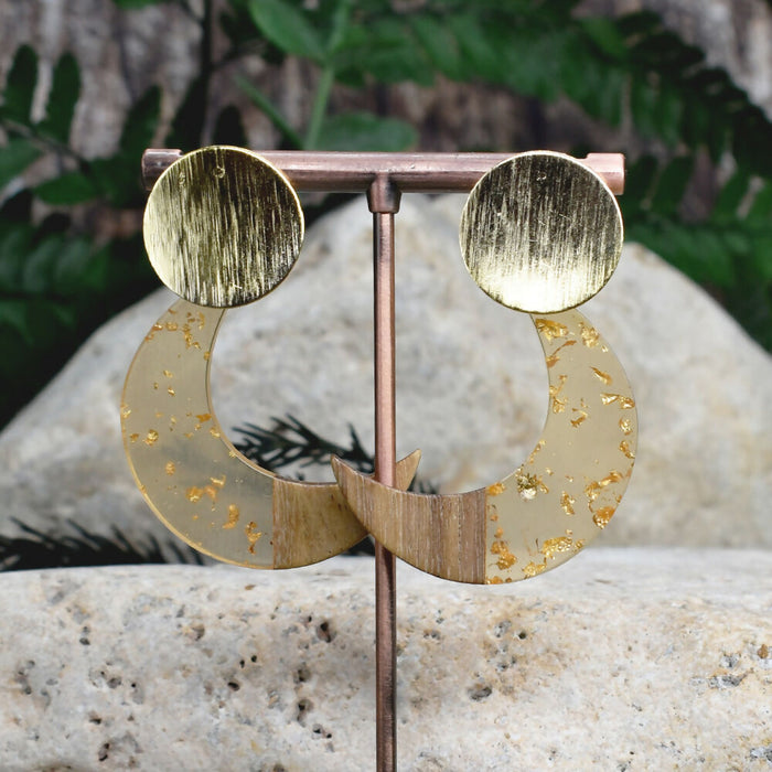 Wood Dangle Earrings with Moon Resin #468