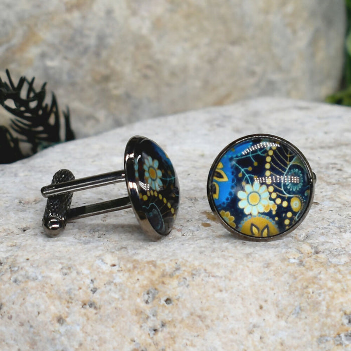 Black Steel Cufflinks with Abstract Glass #220