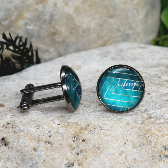 Black Steel Cufflinks with Abstract Glass #202