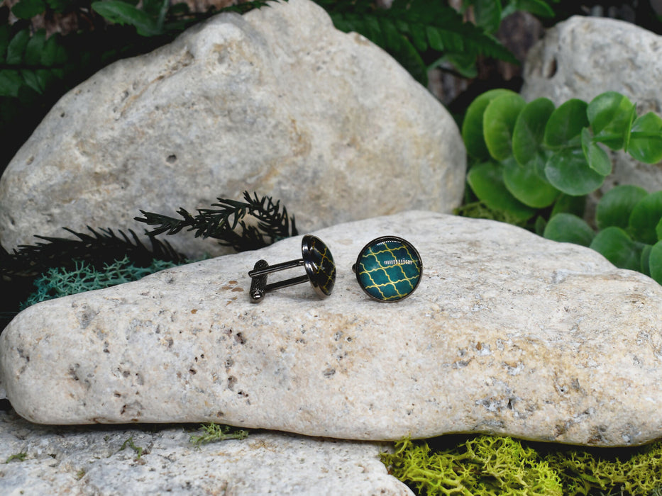 Black Steel Cufflinks with Abstract Glass #197