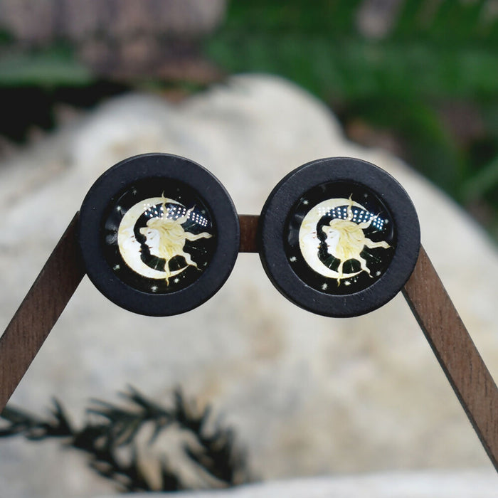 Wood Stud Earrings With Glass Cabochon #212