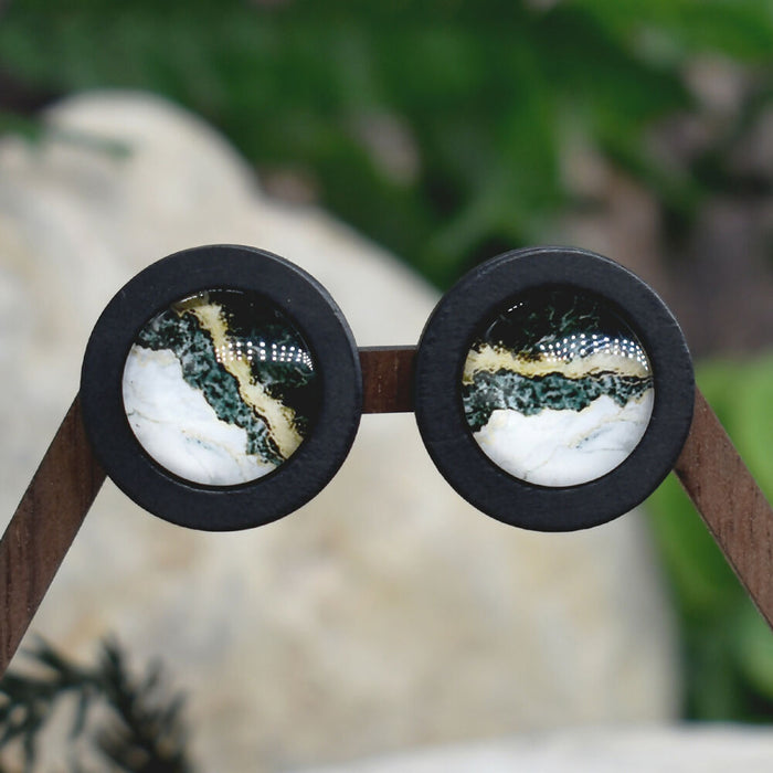 Wood Stud Earrings With Glass Marble Cabochon #166