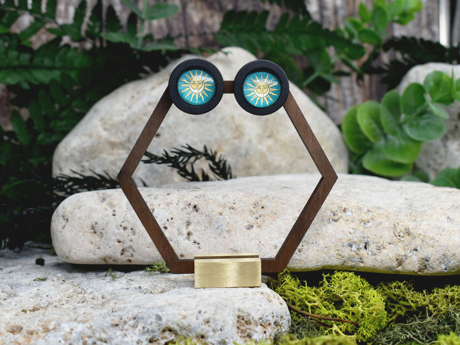 Wood Stud Earrings With Glass Cabochon #180