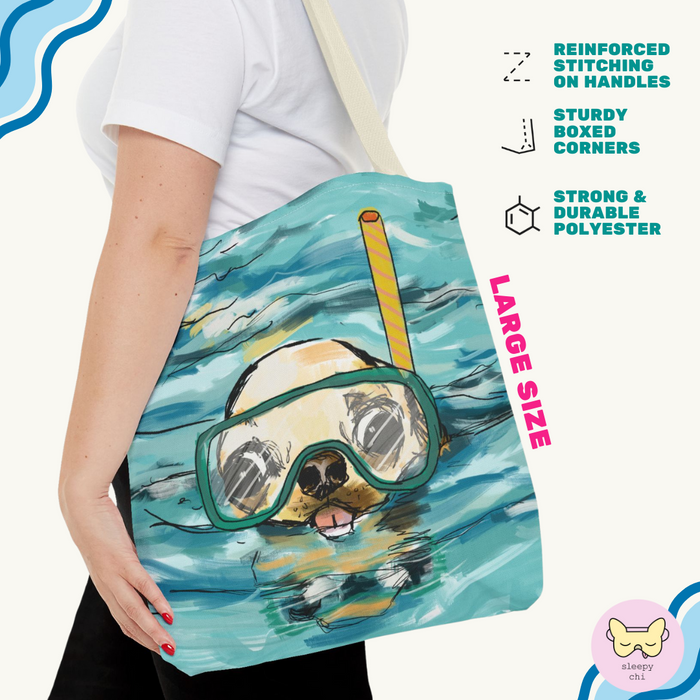 blue canvas chihuahua snorkeling in the water swimming dog art print on a tote bag - great summer or pool bag for dog lovers - beach gifts cute small dog - large size bag carried by a woman from sleepy chi