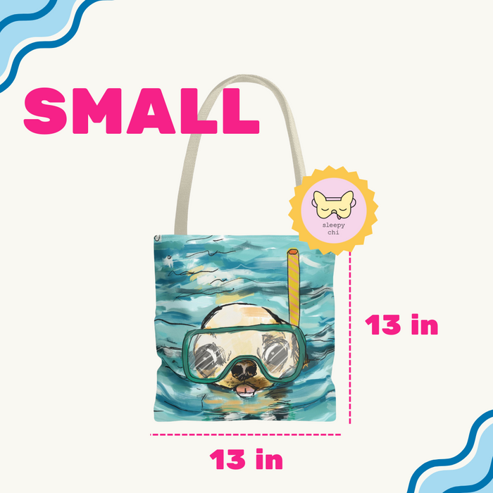 blue canvas chihuahua snorkeling in the water swimming dog art print on a tote bag - great summer or pool bag for dog lovers - beach gifts cute small dog - small size bag from sleepy chi
