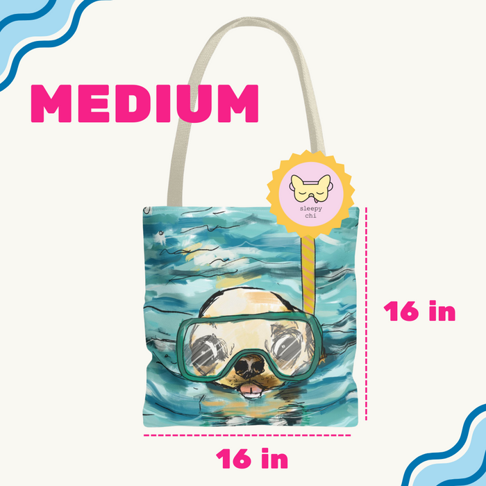 blue canvas chihuahua snorkeling in the water swimming dog art print on a tote bag - great summer or pool bag for dog lovers - beach gifts cute small dog - medium size bag from sleepy chi