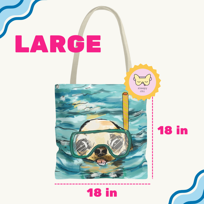 blue canvas chihuahua snorkeling in the water swimming dog art print on a tote bag - great summer or pool bag for dog lovers - beach gifts cute small dog - large size bag from sleepy chi