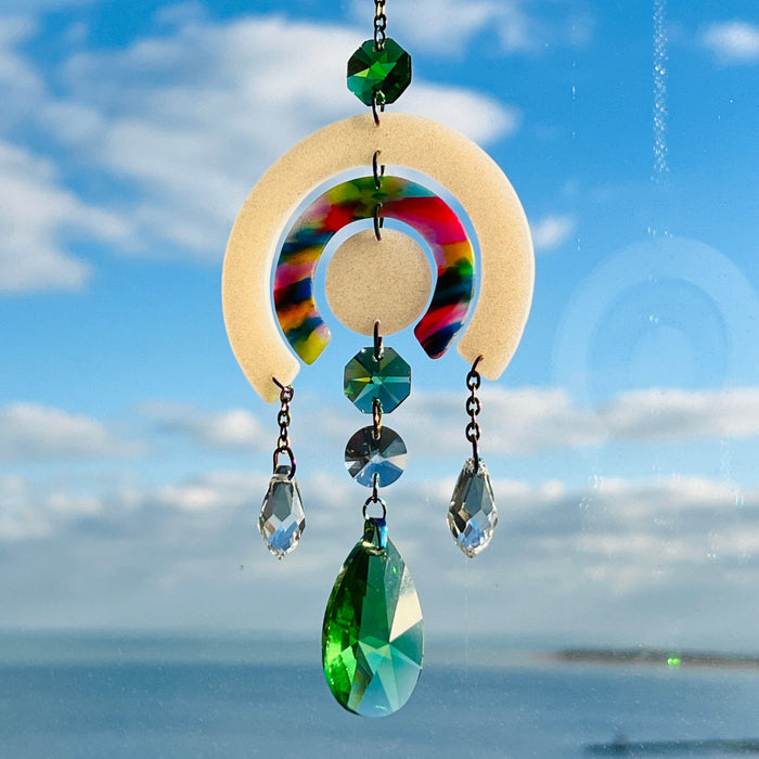 Suncatchers White Glitter & Marbled Watercolors - Green Accents Circle Cutout Suncatcher