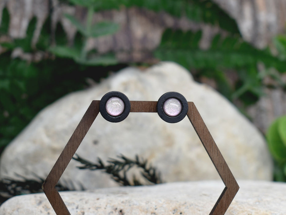 Wood Stud Earrings With Resin Chameleon Cabochon #227