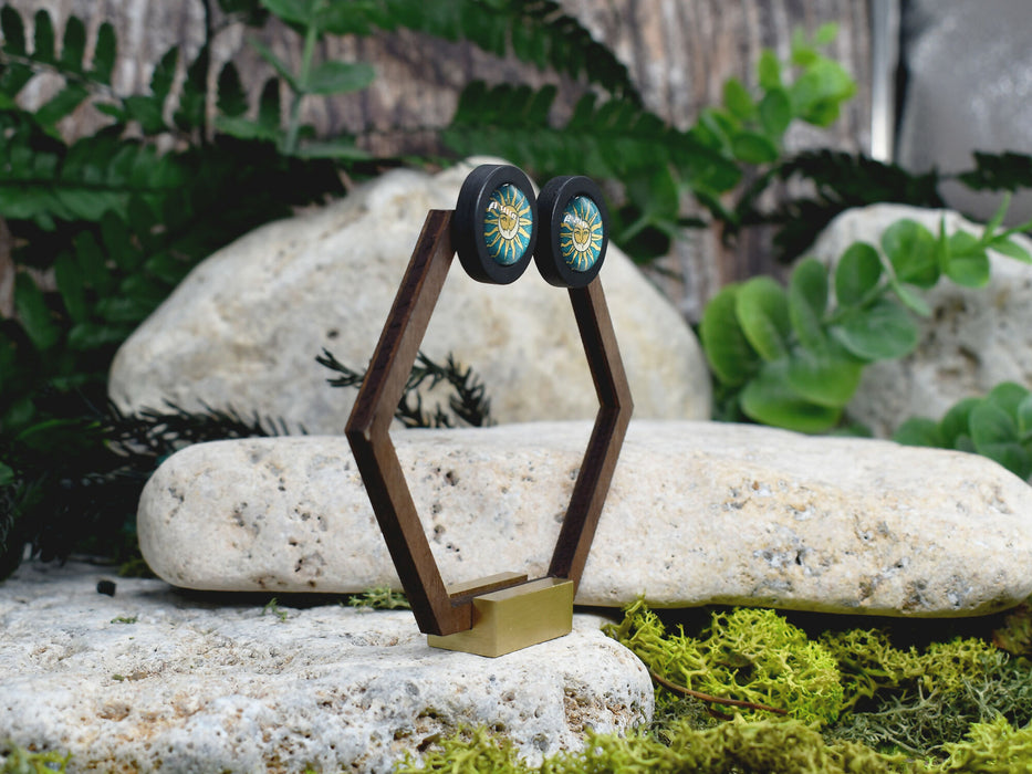 Wood Stud Earrings With Glass Cabochon #180