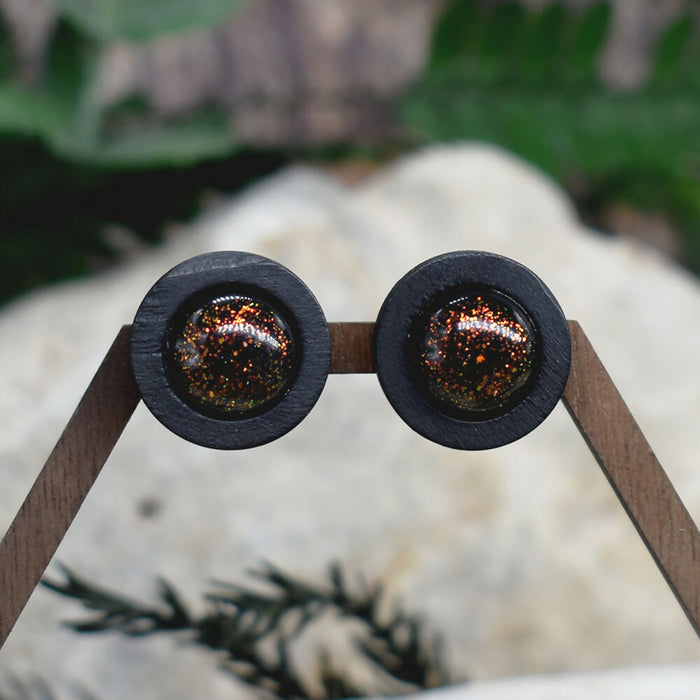 Wood Stud Earrings With Resin Chameleon Cabochon #237