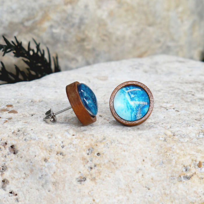 Wood Stud Earrings With Resin Cabochon #378