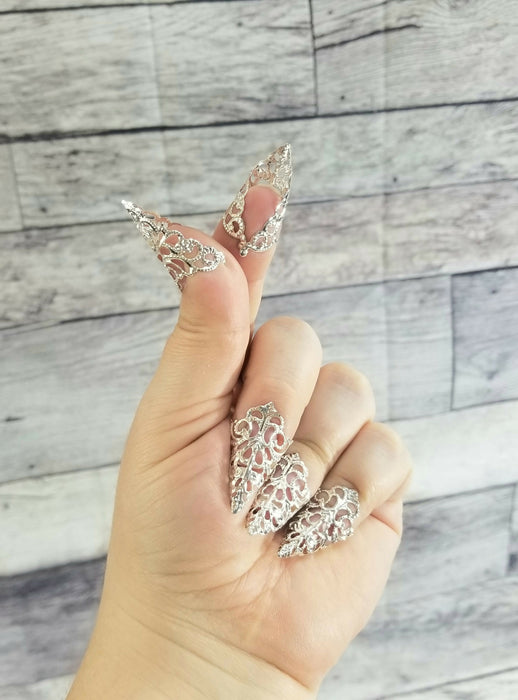 Filigree Nail Claws in Silver, Gold or Bronze - nail armor, nail tip rings, midi rings